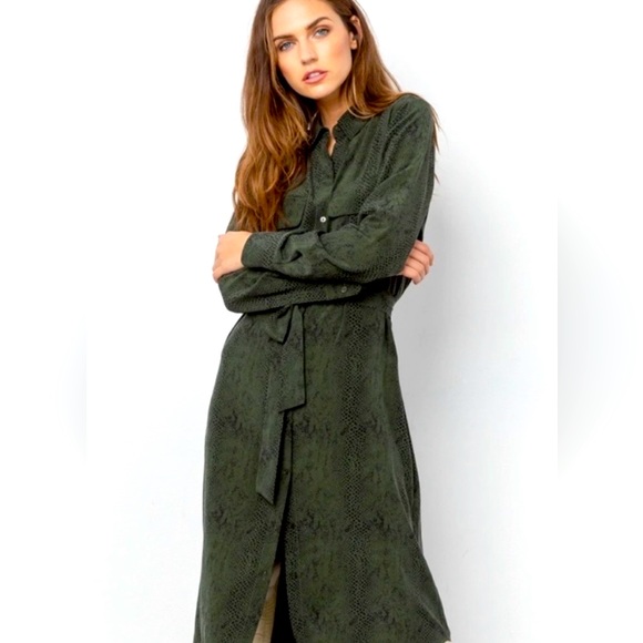 NWOT Rails Alix Silk Belted Shirtdress Dress in Python Olive Green + Black Sz S - Picture 5 of 13